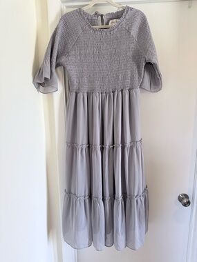 NWOT JessaKae Smocked Tiered Dress in Light Gray
